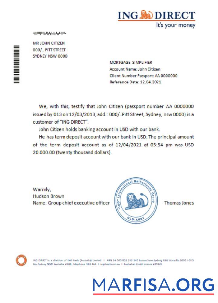 Realistic Australia ING direct reference sample